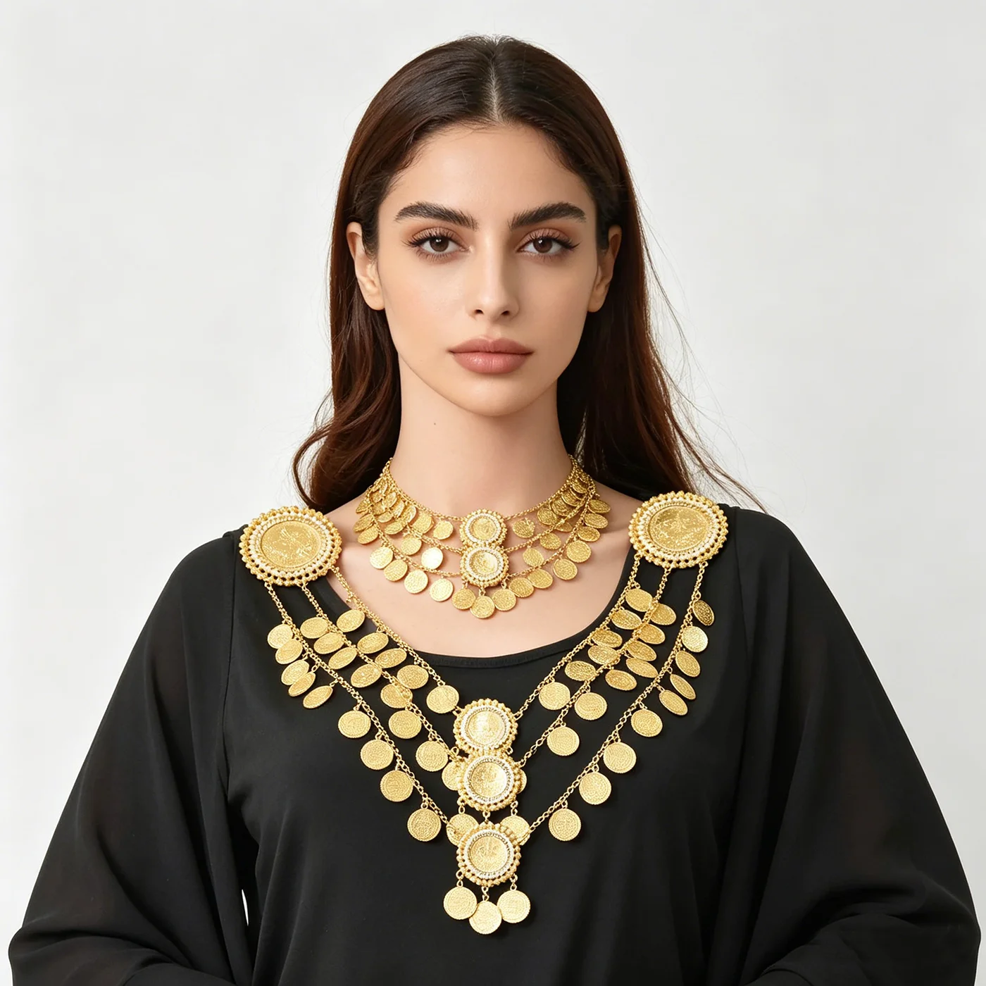 3 Layers Women Shoulder Chains Coins Pendant Statement Body Jewelry Fashion Metal Vintage Bohemia Accessories