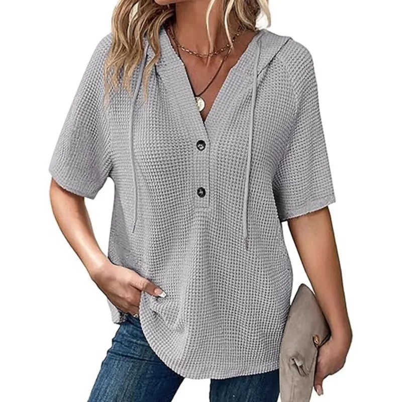 Women's Summer Knitted Short Sleeve Tops Chic Drawstring Hoodies Button V Neck Casual Work Blouses Top Blusas De Mujer Ofertas