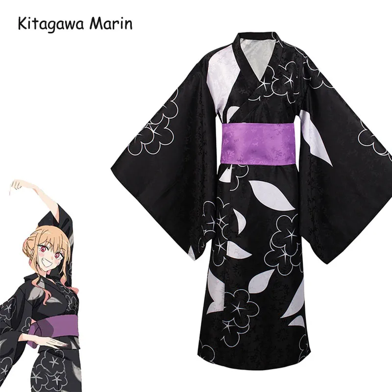 

Kitagawa Marin Cosplay Costume Anime Outfit Wig Black and Purple Patterned Kimono Halloween Carnival Party Dress for Women Girls