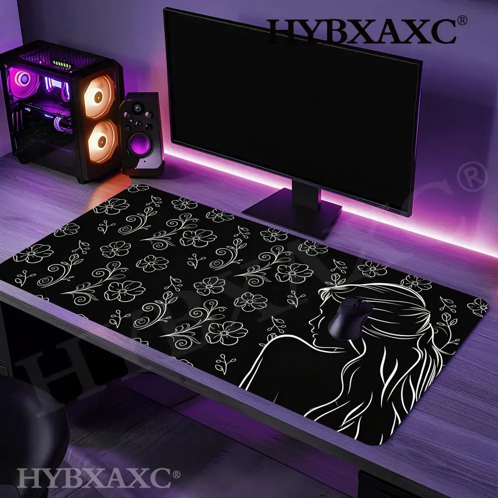 HYBXAXC Girl Minimalist Mouse Pad, Girl Minimalist Desk Mat, Black and White, Black Desk Mat,Gaming Mouse , Rubber Base Mat