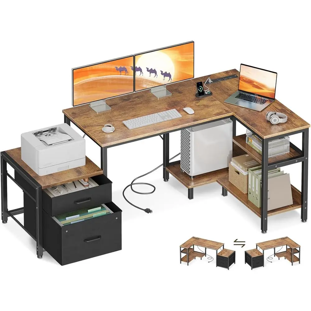 L Shaped Desk with Ders & ile Cabinet, Reversible Computer Desk with Storage Shelves & CPtand, Desk with Power Outlets, L Desk o