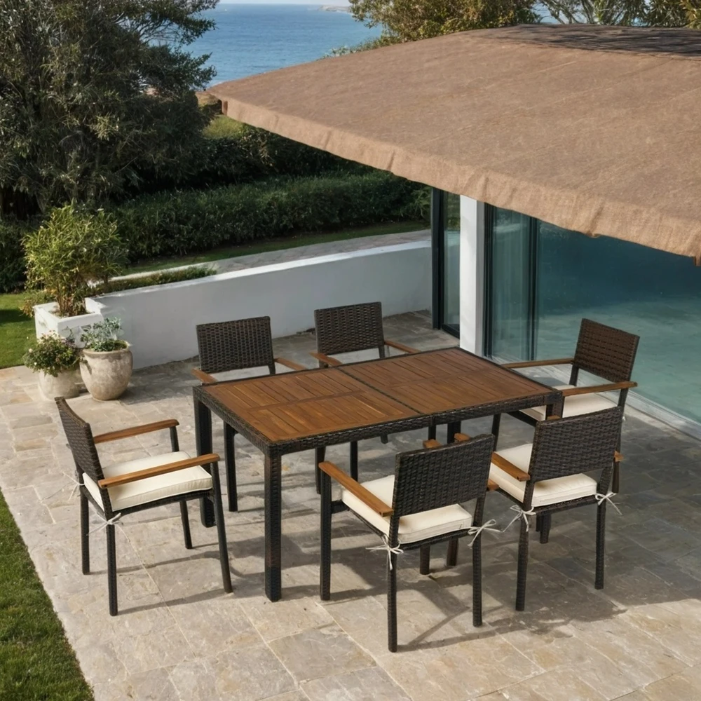 

7-Piece Outdoor Garden Rattan Dining Set Patio Furniture Acacia Wood Tabletop Brown Weave Beige Cushion All-Weather Seating