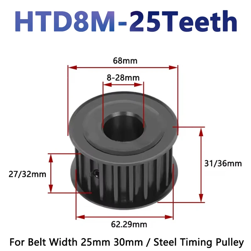 

1pcs 25 Teeth HTD 8M Steel Timing Pulley HTD8M Synchronous Wheel for Belt Width 25/30mm Bore 8/10/12/12.7-28mm Drive PuPitch 8mm