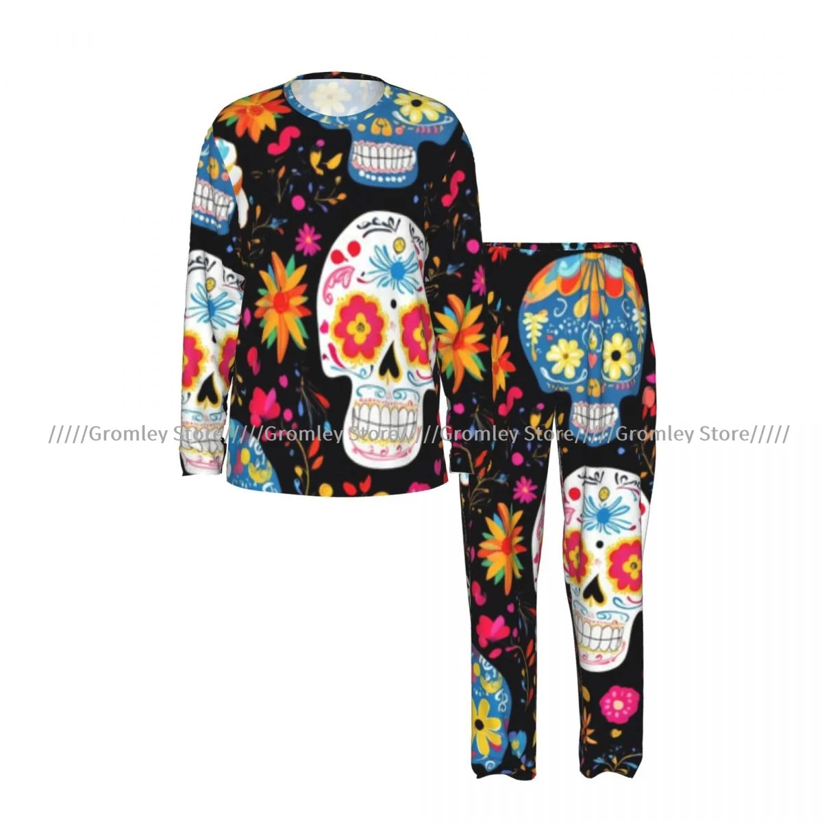 Men's Pajamas Set Day Of The Dead Skull Pattern Long Sleeve Top & Long Pants Sleep Set