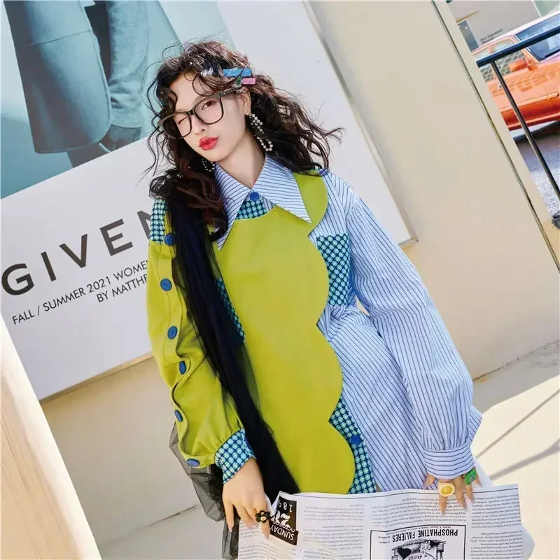 Blouse Women Office Lady Autumn Spring Fashion New Full Patchwork Designer Luxury Irregular Women Tops Coat