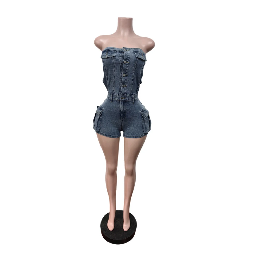 2026 Neuer Trendiger Damen-Jeans-Romper Schulterfreier Modischer Overall mit Taschen-Patchwork Stretch-Jeans Lässiger Vintage Bodycon Jumpsuit – Detail 6