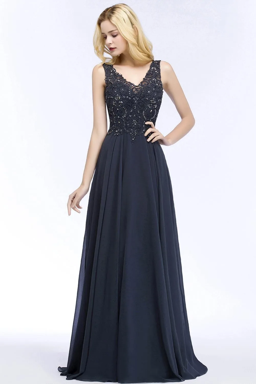 Women 2024 Navy Blue Evening Dresses V Neck A Line Chiffon Skirt Lace Appliques Beaded Long Formal Prom Party Bridesmaid Gowns