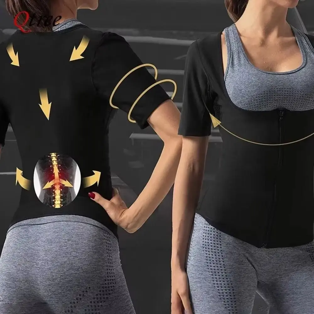 열 차단 여성 사우나 슈트 반팔 지퍼 디자인 지방 연소 피트니스 의류 압박 푸쉬업 쉐이프웨어