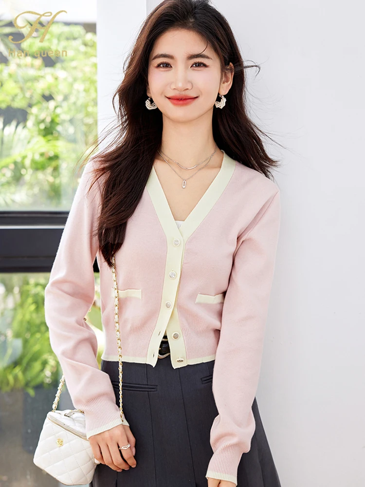 

H Han Queen, новый осенний однобортный розовый кардиган, свитер, женский простой базовый повседневный топ с длинными рукавами, винтажный трикотаж, пальто