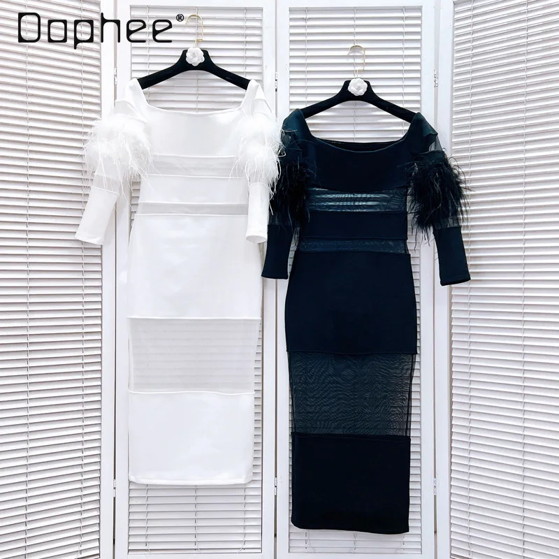 

Luxury Off-Neck Feather Bandage One-Piece Dress Woman New Sexy Mesh See-through Long Sleeve Mid-length Dresses for Women Party