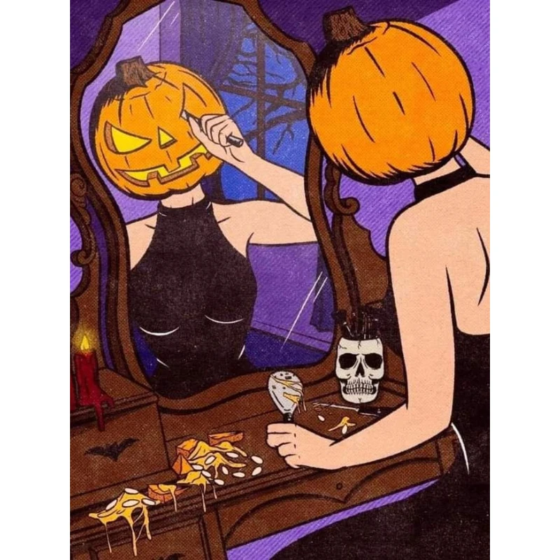 Retro Halloween Pumpkin Head Lady Diamond Painting,Spooky Vanity Mirror Dark Vintage Comic Art, Holiday Wall Art Home Decor Gift