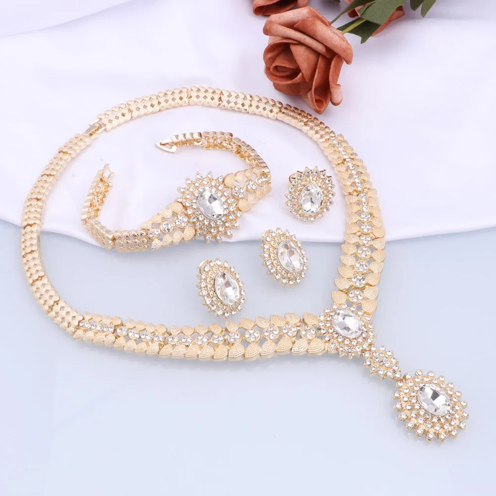 Women\'s Bridal Crystal Zircon Statement Necklace Earrings Bangle Ring Wedding Party Dinner Dress Costume Jewelry Set