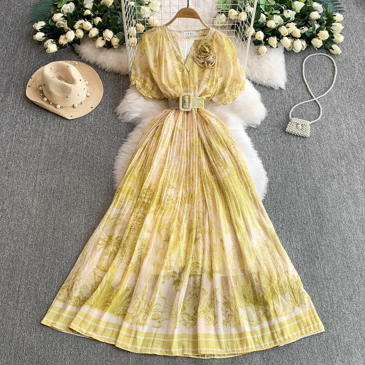 UNI imprimé robe Maxi femmes vacances d'été robes longues chemise 2025 printemps à manches courtes simple boutonnage perles robes de fête