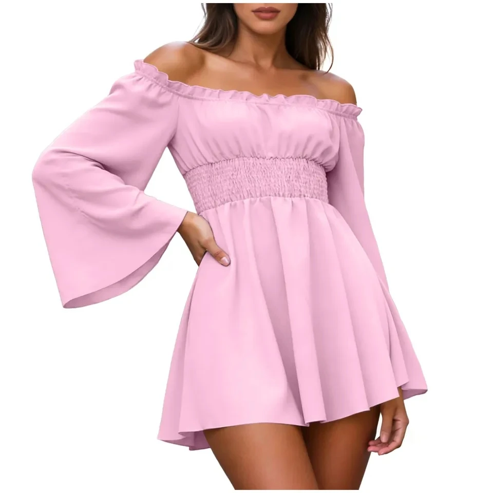 

Sexy Off Shoulder Dresses For Women Bohemian Long Sleeves Elastic Waist Ruffled Mini Dress Summer Beach Sundress Vestidos
