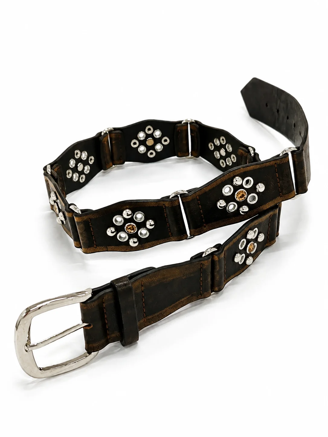 Aged Ink Flower Stud Belt, Vintage Black Waist Belt with Floral Stud Details and Retro Metal Buckle