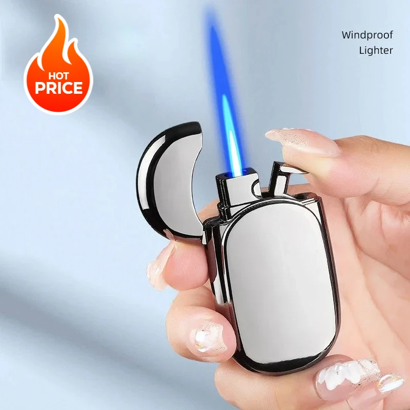 Classic Mini Straight Forward Lighter with Electroplated Blue Flame  Inflatable Windproof Cigarette Accessories Men's Gift