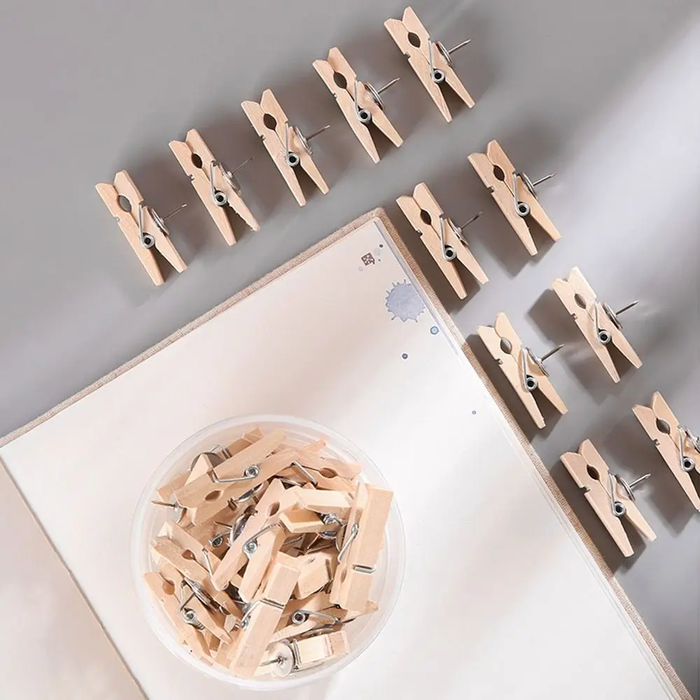 20Pcs/Box Creative Wooden Clip Push Pins Reusable Durable Pushpins with Clips Convenient with Box Decorative Studs Corkboard