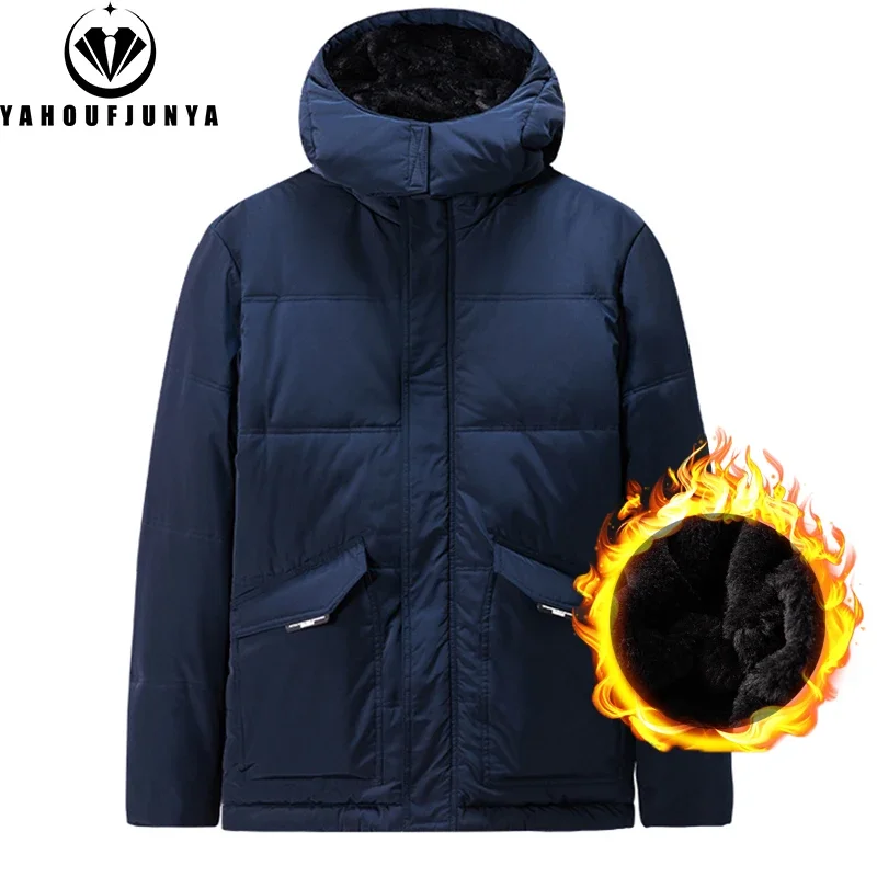 2024 Winter Men Outdoor Windproof Warm Solid Hooded Parka Jacket Men Waterproof Fleece Zipper Casual Fashion Jacket Male Coat