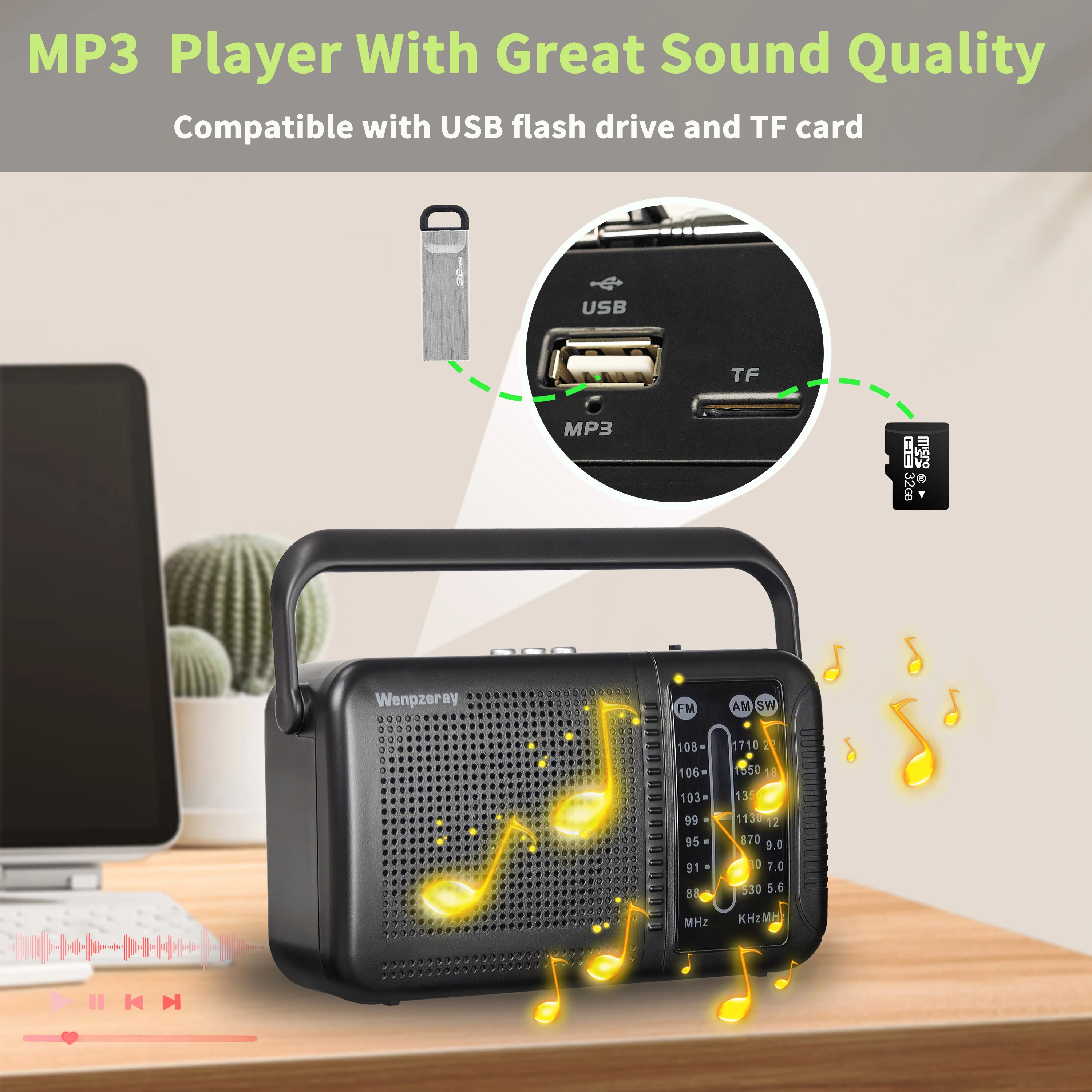 Radio AM FM à ondes courtes, récepteur rétro, haut-parleur Bluetooth, grande réception, prise en charge de la carte TF, lecture USB, grand cadran, grand cadeau, noir