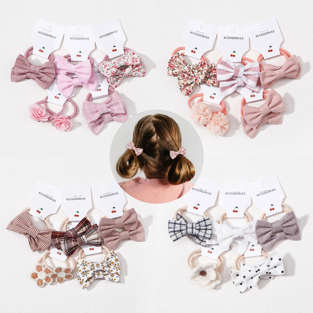 

10Pcs Bow Plaid Rubber Band Hair - Fashion New Children's Bow Hair Accessories Clip Gift - Solid Color Hair Clip Rubber Band