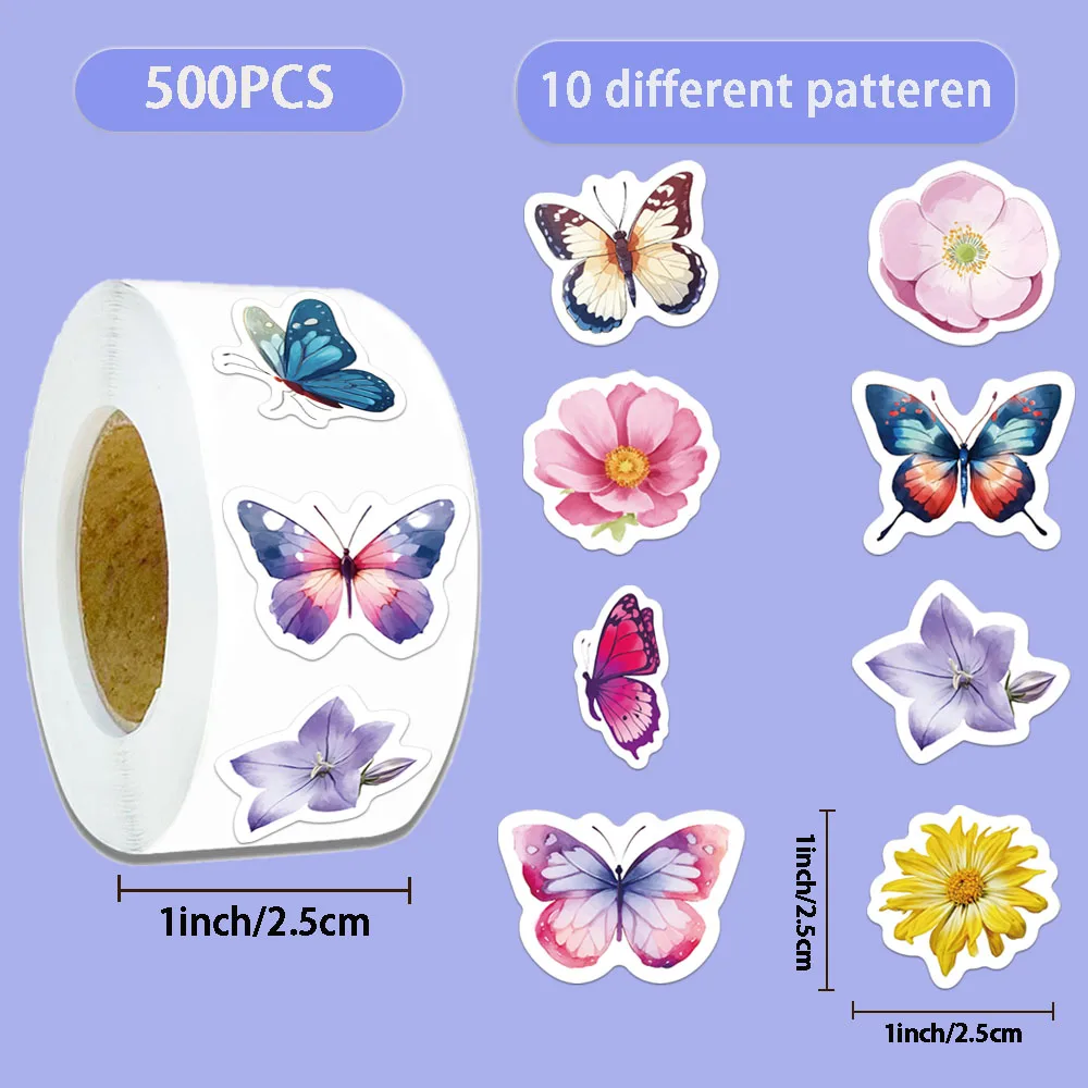 500PCS Creative Butterfly and Flower Cartoon Personalized Roll up Stickers DIY Phone Case Notebook Water Cup Decorative Stickers