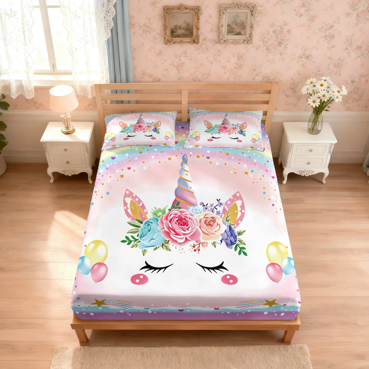 3pcs Romantic Unicorn Printed Chipless Bed Sheet Set Multi Specification Soft Bed Cover Bedroom Bedding Decoration Washable