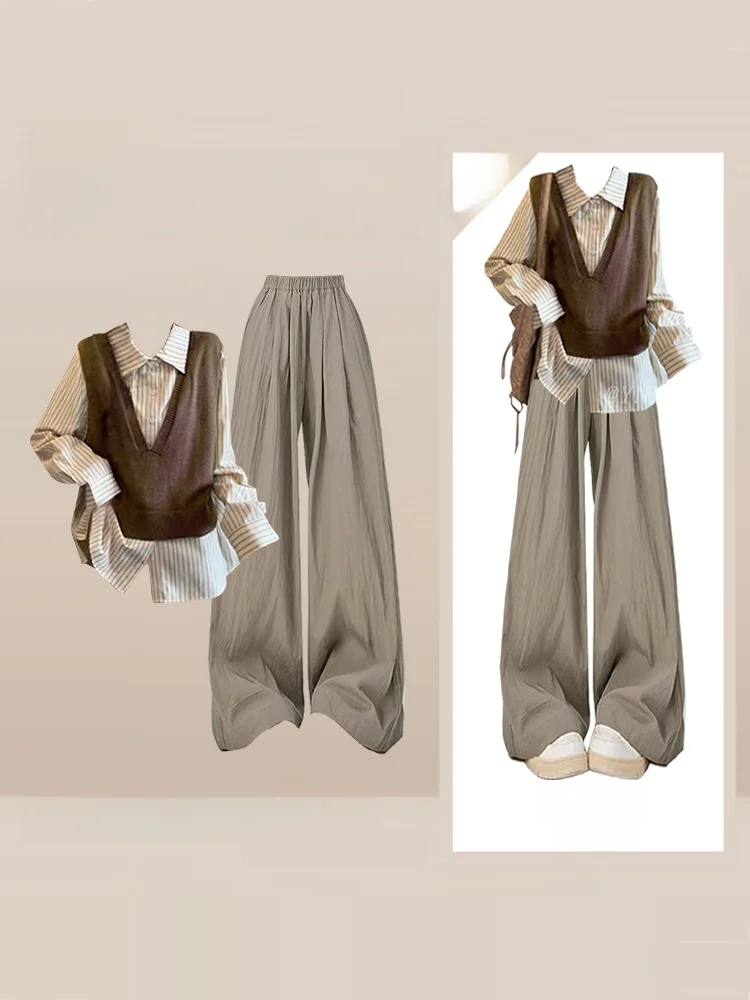 

Вязаный жилет Sli irt, повседневные брюки, зимний комплект для поездок на работу, модная футболка для колледжа, женский ансамбль