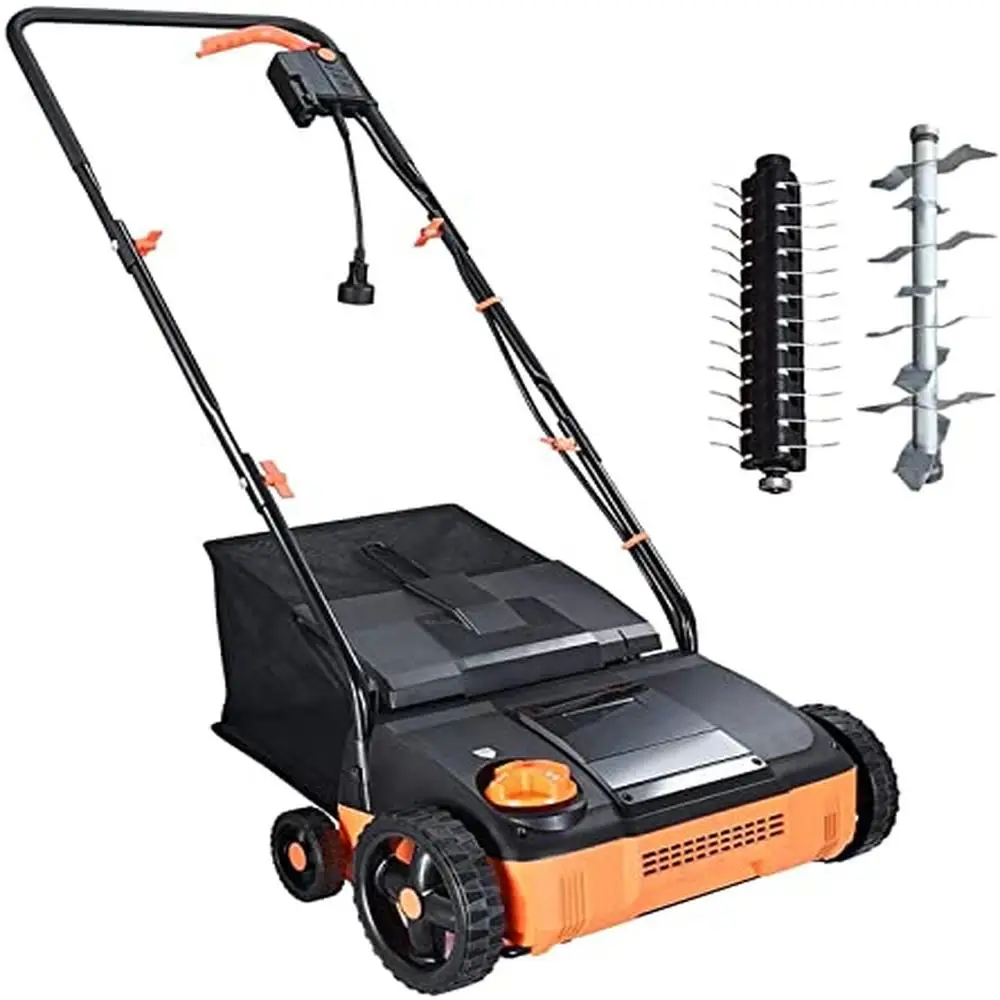 Electric Lawn Dethatcher Scarifier Tool-Free Assembly Central Height Adjustment 11 Amp Motor 12 Inch Blade 8 Gallon Grass