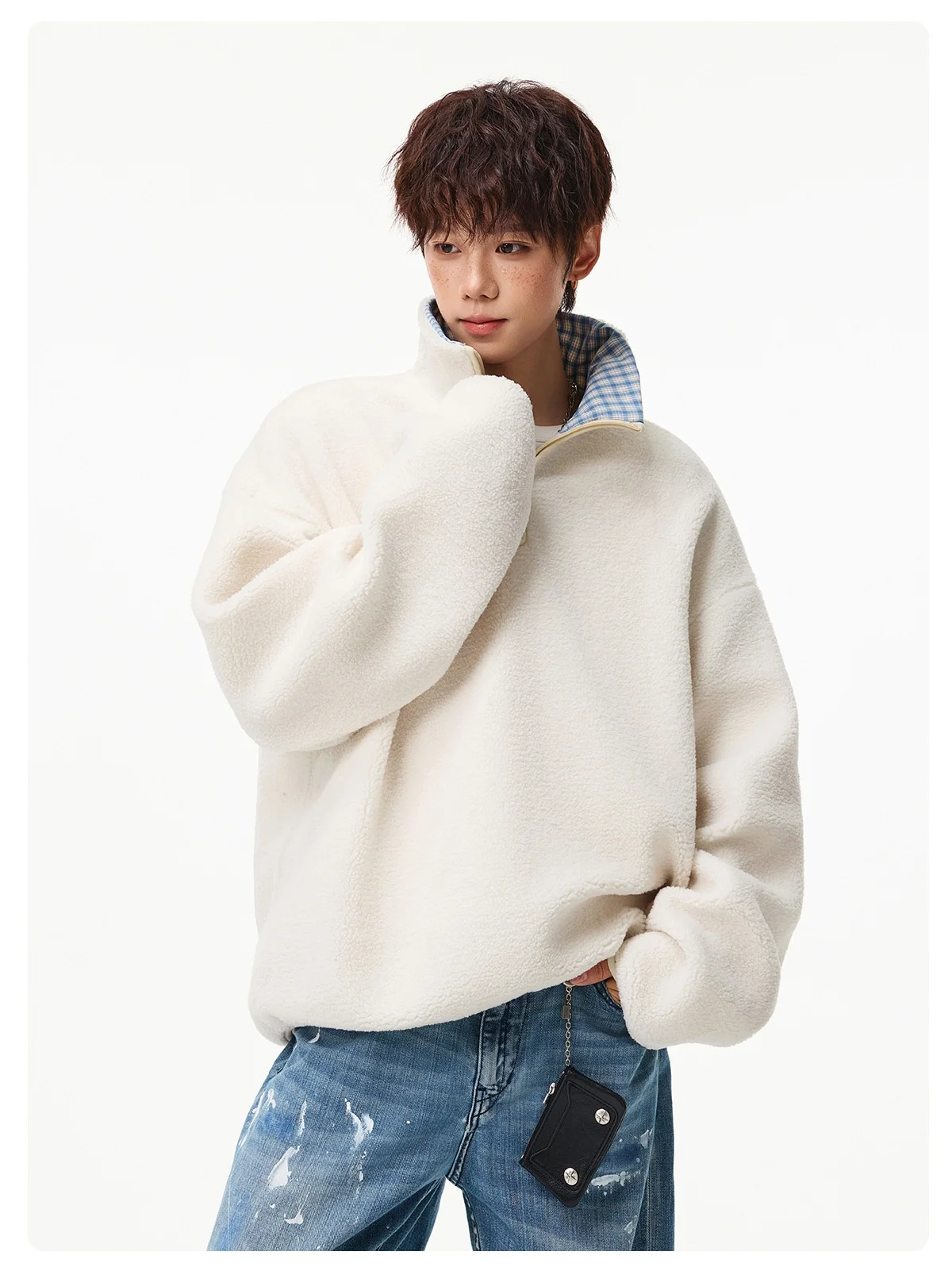 Men's Half-Zip Checkered Lapel Fleece Sweatshirt College-Style Retro Casual Pullover Jacket Warm