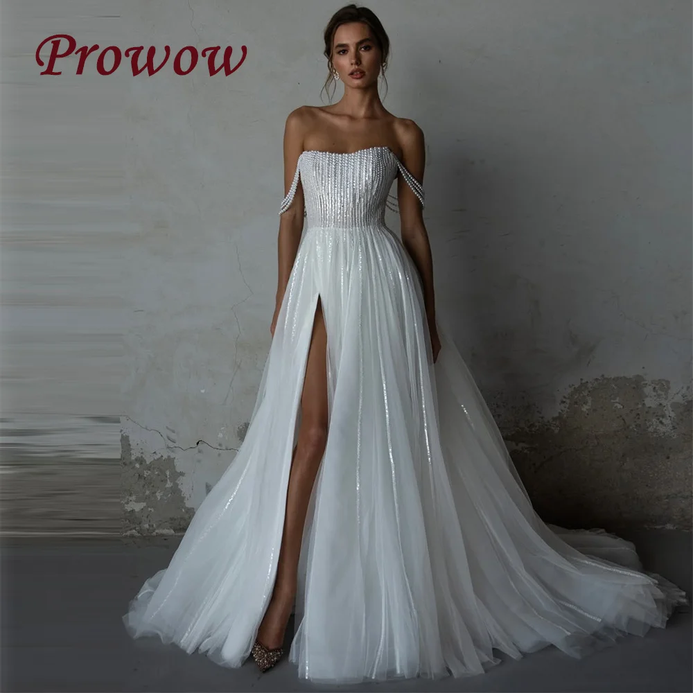 

Prowow Luxury Pearls A Line Wedding Dresses Sexy Side Slit Floor Length Sequins Tulle Bridal Gowns Customized свадебное