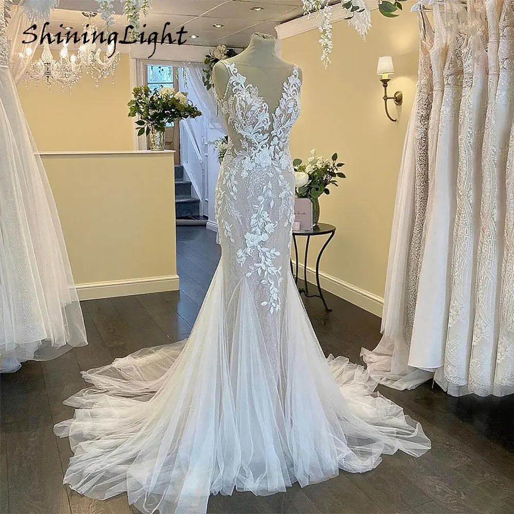 

ShiningLight Exquisite Mermaid Wedding Dress V-neckline Off the Shoulder Lace Appliques Sexy Backless Bridal Gown Customized