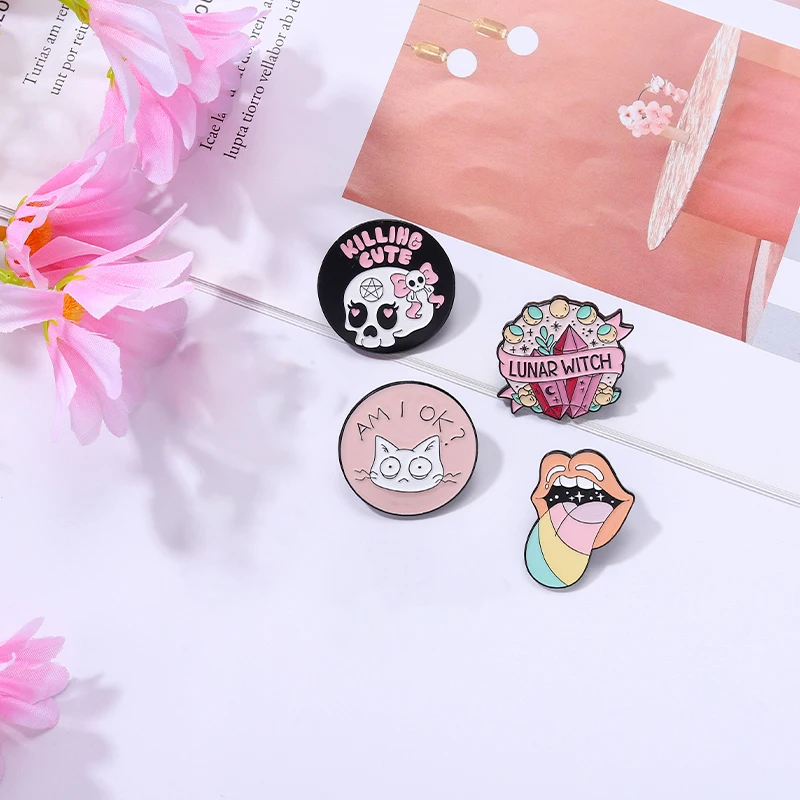 Pink Punk Enamel Pins Custom Witch Bear Tongue Ghost Call Brooches Lapel Badges Gothic Halloween Jewelry Gift for Friends