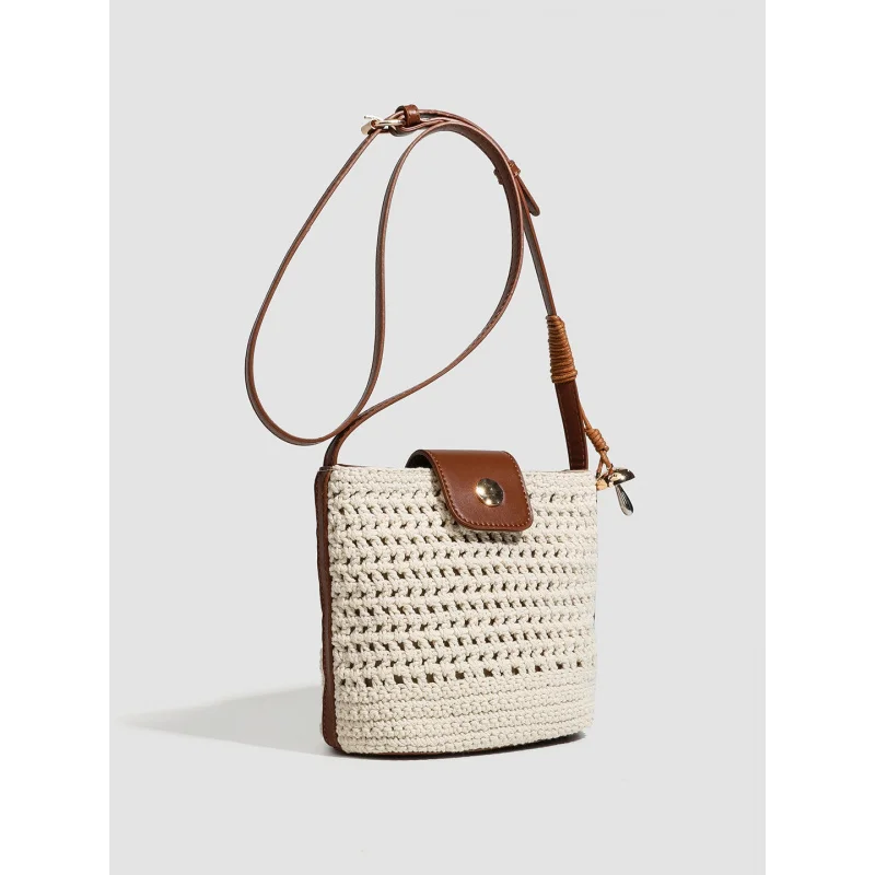 Vacation beach style woven casual mobile phone bag, fashionable bucket bag, niche single shoulder sloping backpack
