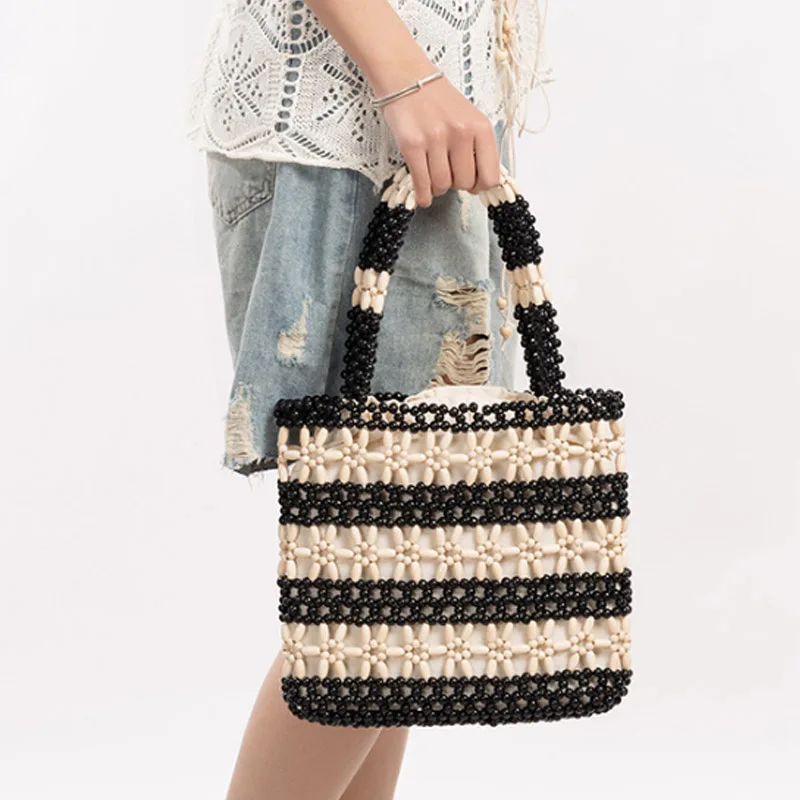 

Fashionable Woven Hollow Women's Bag Beach Vacation Wooden Bead Bag Leisure Travel Lady Handbag Tote Bag