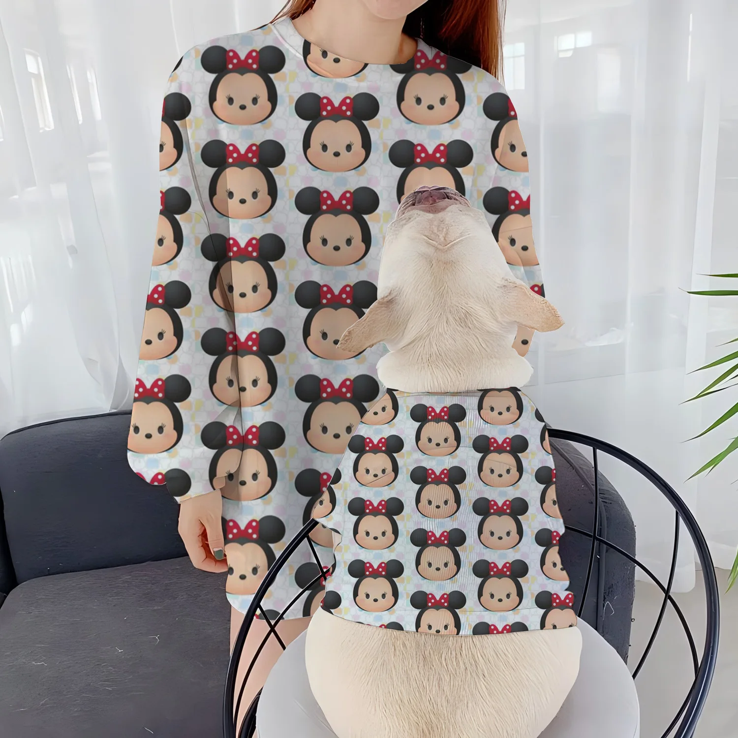 Casual Sweatshirts Round Neck Disney Women's Clothing Minnie Mouse Long Sleeve Mickey Pet Dog Winter Clothes 2024 Parent-Child