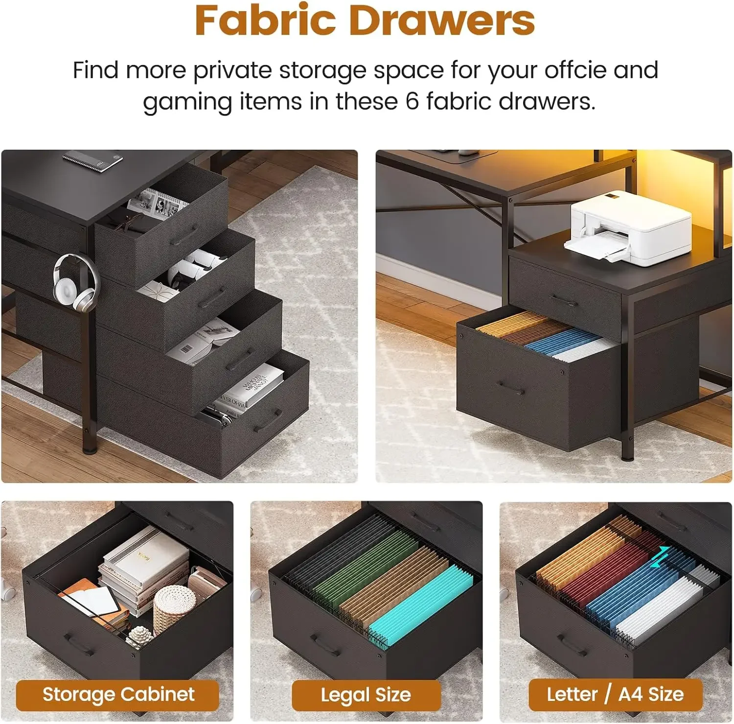 L Shaped Desk with 6 Drawer, 108" Home Office Desk with File Drawer & Power Outlet, Corner Computer Desk , Black