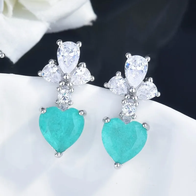 

Elegant Silver Flower Heart Cut Crystal Dangle Earrings For Women Aqua Blue Paraiba Earrings Wedding Party Jewelry Gifts