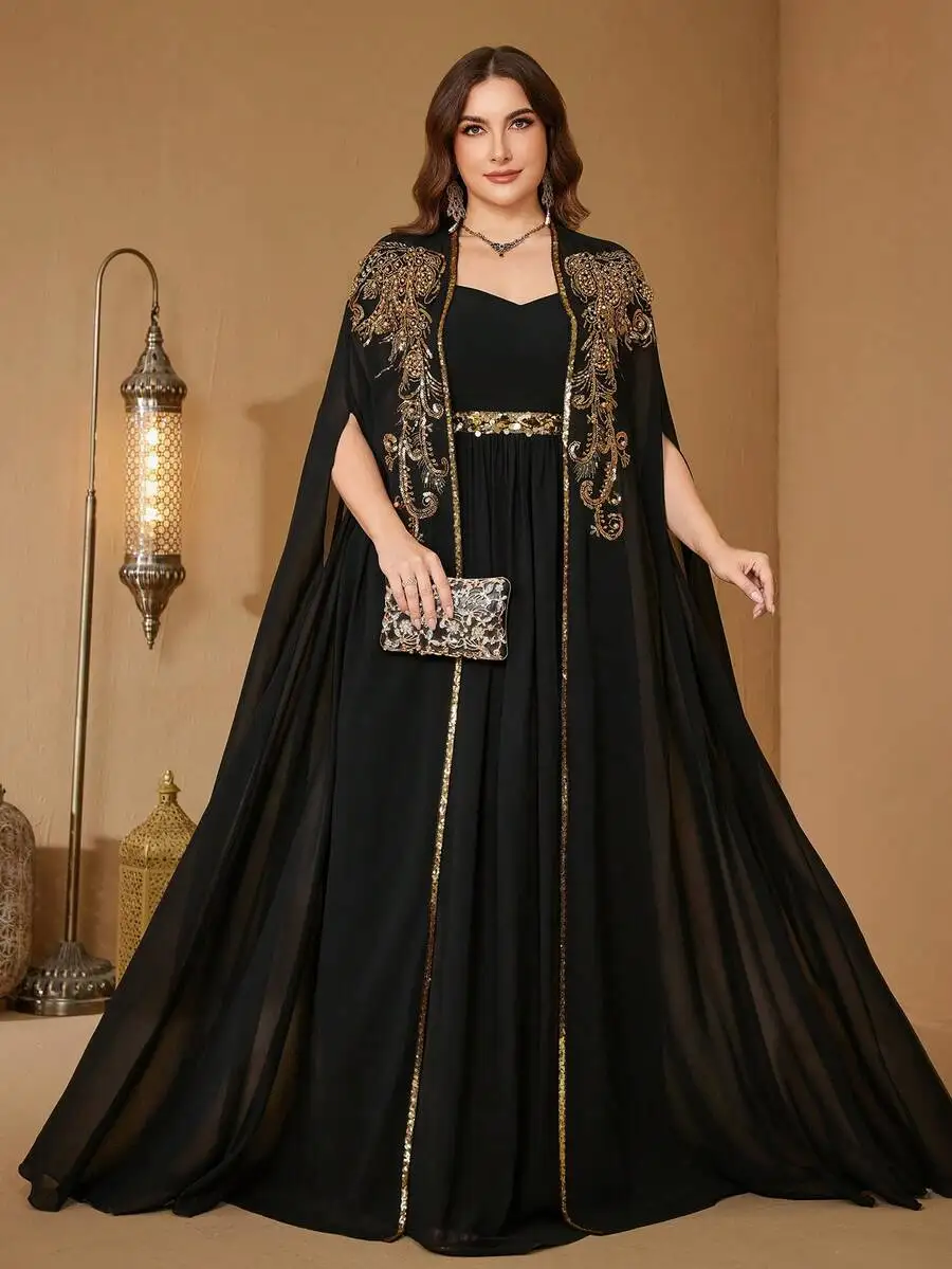 

Black Chiffon Maxi Dress with Gold Embroidered Cape Sleeve and Belted Waist