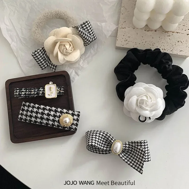 Korean Fashon Camellia Flower Houndstooth Lattice Back of Head Hairpin Big BB Bangs Clip Large Intestine Circle Hair Accessories