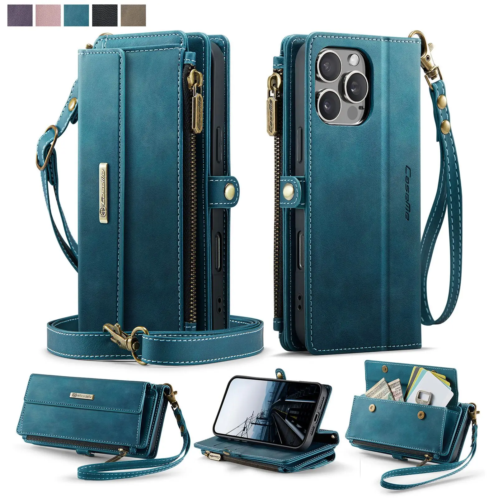 

CaseMe-C39 For iPhone 16e 15 14 13 Pro Max 12 11 XS XR Luxury Magnetic Flip PU Leather Wrise Wallet Case Card Holder Cover Strap