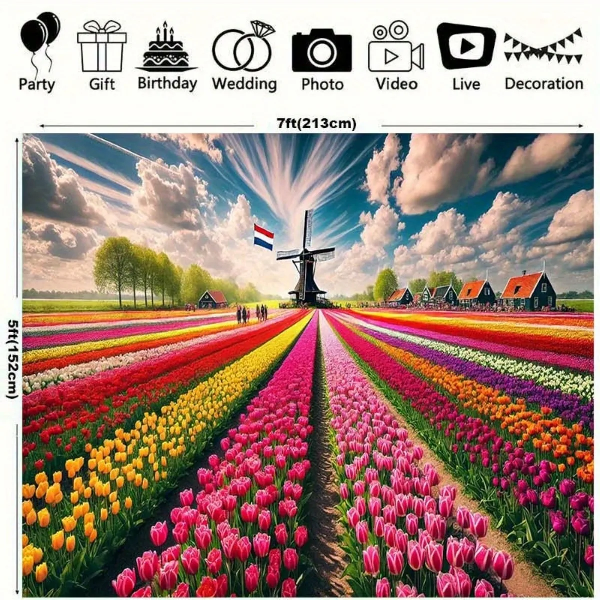 Spring Tulip Field Curtains Window Decor Panels Aesthetic Flower Garden Dutch Windmill Home Decoration Drapery Curtain