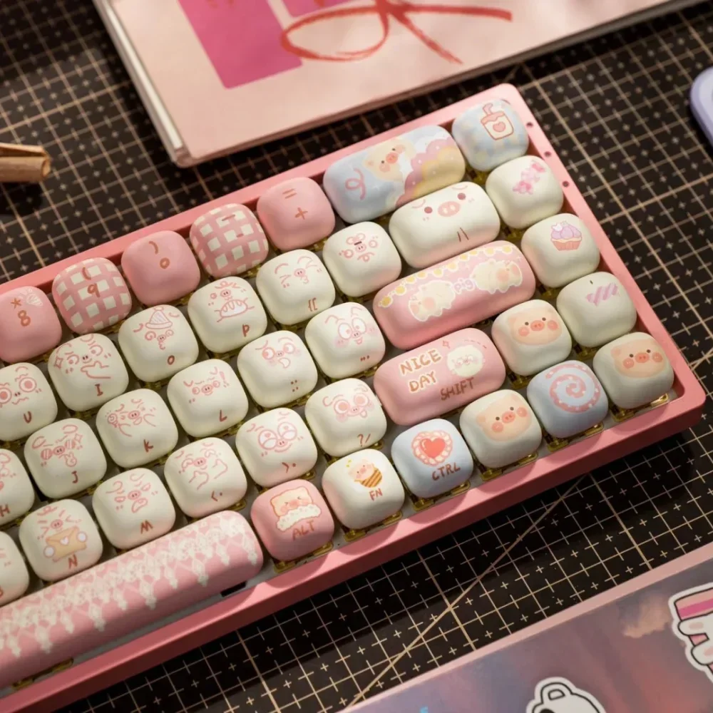 Piggy Party Theme Keycap MOG Profile Cute Mushroom Shaped Keyboard Caps Sublimation PBT 139Keys Round Small Steamed Bun Keycaps