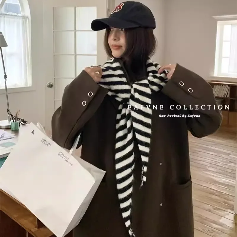 Ins New Striped Triangular Knitted Scarf Shawl Korea Wool-blend Knitted Wraps Autumn Winter Outer Vest Cloak Outer Scarf Women