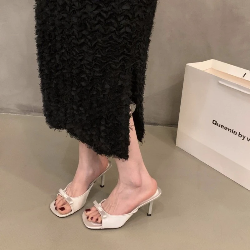 Slipper Mules Low High Heels Shoes 2024 Summer Best Street Look Females Square Head Open Toe Bow Strappy Sandals Women