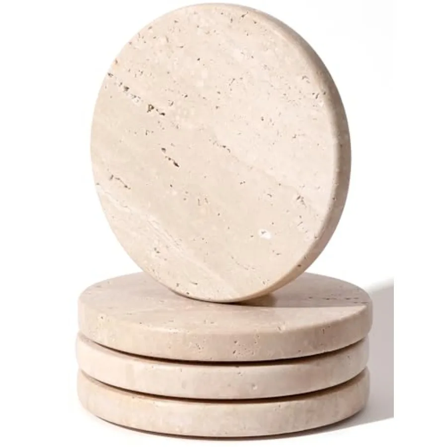 

New StyleBeige Travertine Coasters Set of 4, Marble Absorbent Coasters 4 '', Ideal for Housewarming Gifts, Anniversaries, Office Decorat