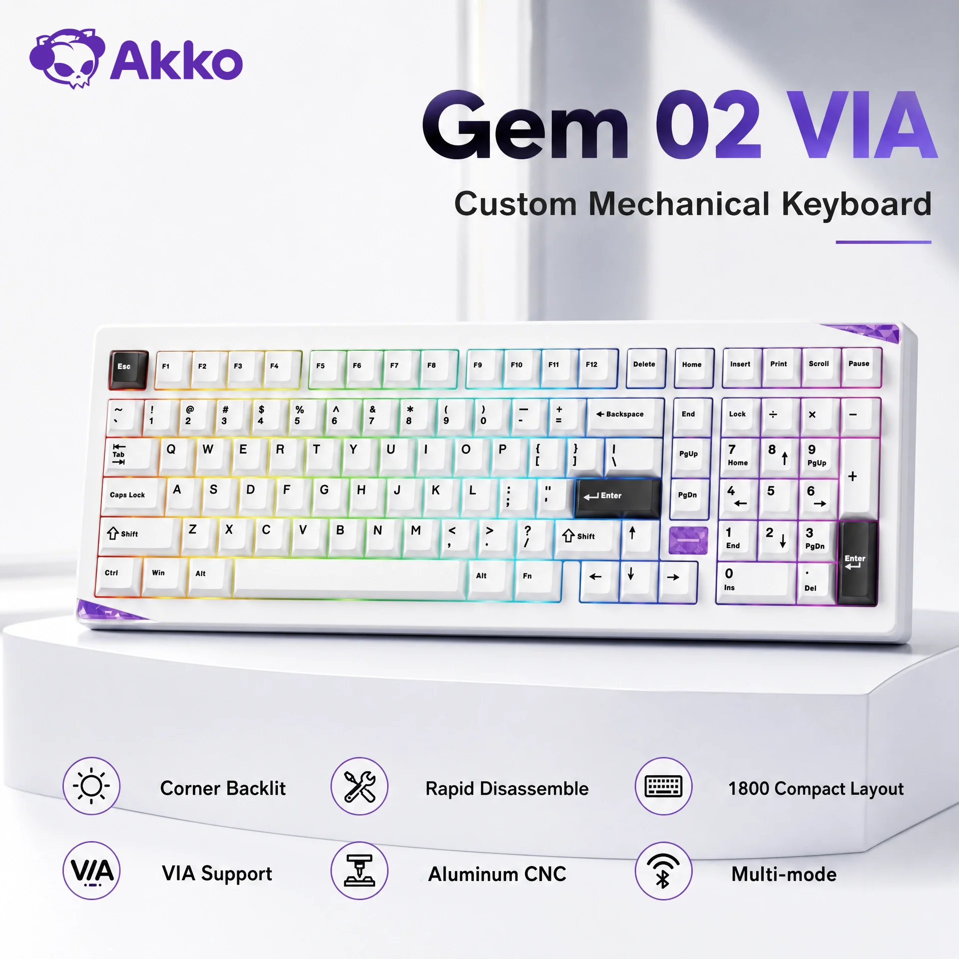 Akko VIA Custom Mechanical Keyboard 102 Keys Hot-swappable RGB Wireless Gaming Keyboard Rapid Disassemble Aluminum CNC Gem 02