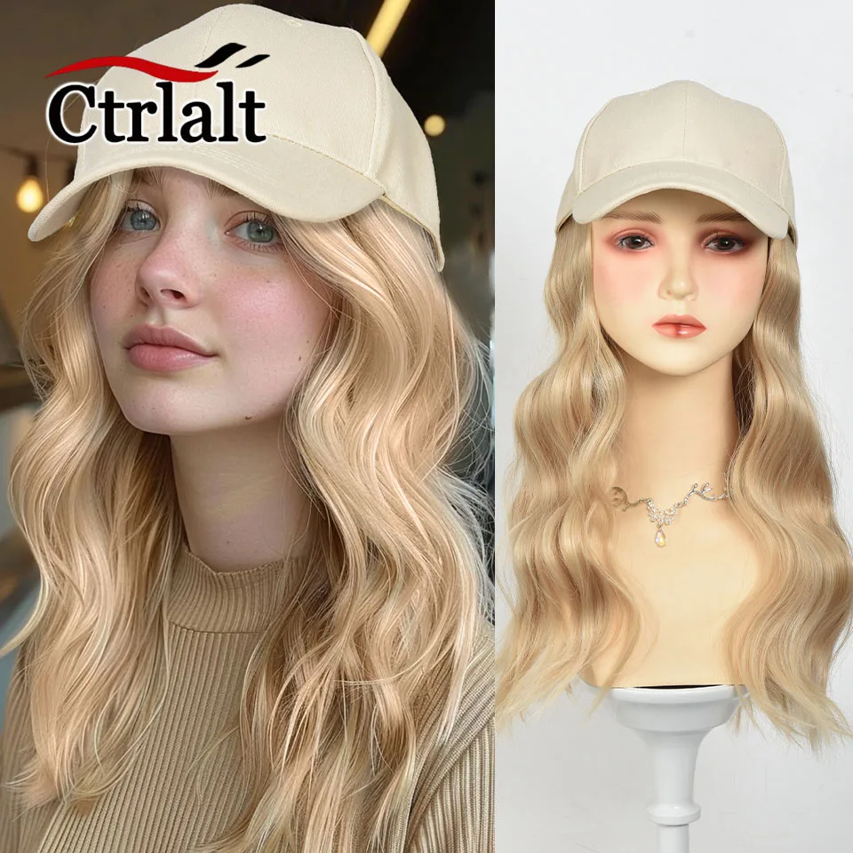 Long Wavy Curly Blonde Wig with Baseball Cap Synthetic Hat Wig Adjustable Baseball Hat Wig for Women Daily Wear