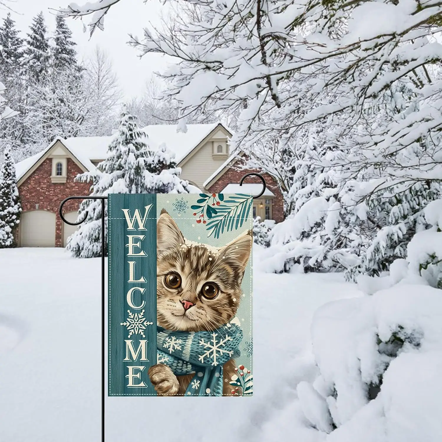 Artofy Welcome Winter Tabby Cat Blue Small Decorative Garden Flag, Farmhouse Yard Outside Decor Pet Owner Lover Gift, Rustic SSL