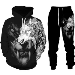War Wolf Spring Autumn 3D Cruel Animal Printed Men's Fashion Hooded Set Male Sportswear Tracksuit Long Sleeve Men Clothing Su