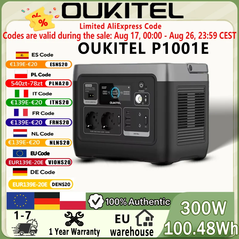 Station d'alimentation OUKITEL P1001E 1004.8Wh LiFePO4 | 300W (600W en crête) 230V onde sinusoïdale pure, UPS 10ms, charge rapide 3H, entrée solaire 200W, 8000 cycles. Alimentation de secours portable pour le camping, les camping-cars, la vie nomade, les voyages, la pêche, les pannes de courant à domicile et l'utilisation hors réseau